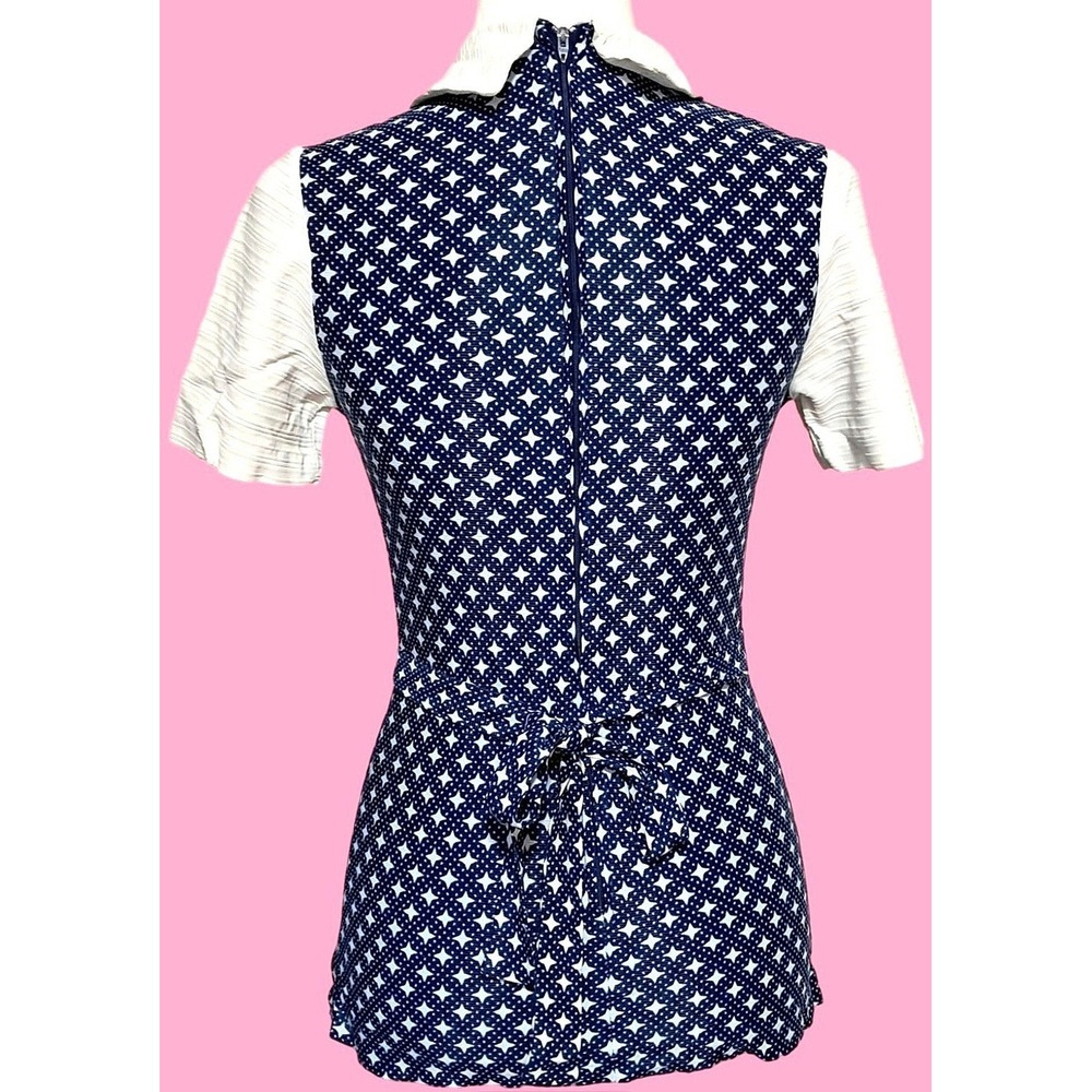 Retro Vintage 70s Geometric Star Tunic Pant Set Womens Small Navy White Mod - Picture 4 of 13